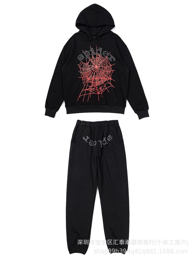 Sp5der5555 Těžká bavlněná froté mikina s kapucí a tepláky se síťovanými pěnovými písmeny