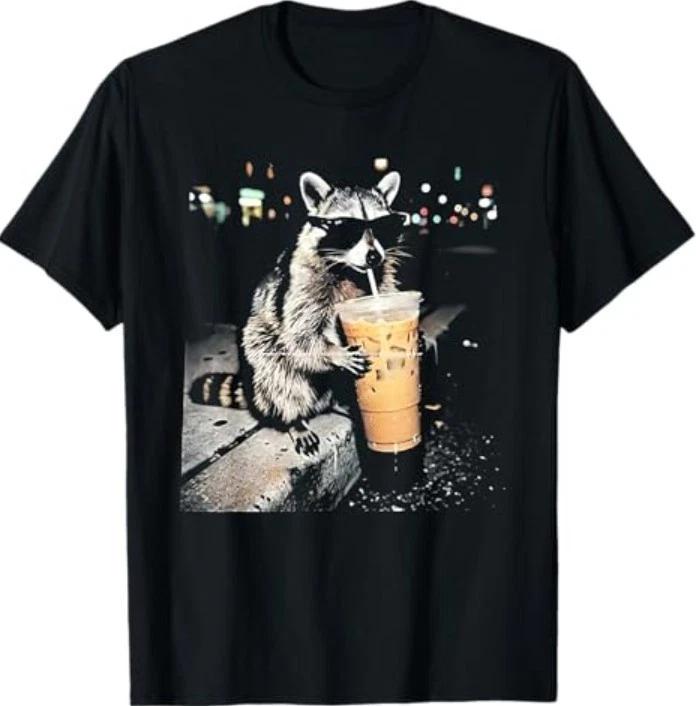 

Funny Raccoon Drinking iced Coffee 100% Cotton T-shirt Mens Tees Top 2XL