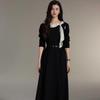 Nanyi French-Inspired Polka Dot Black Dress: Elegant Flowy Collar, Waist-Cinched Skirt for Women
