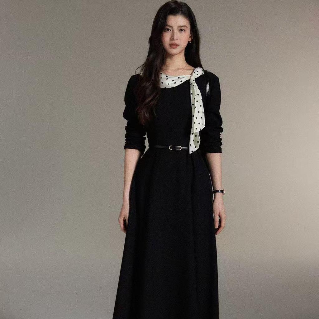 Nanyi French-Inspired Polka Dot Black Dress: Elegant Flowy Collar, Waist-Cinched Skirt for Women