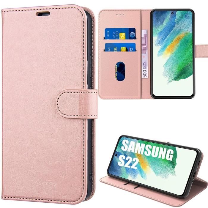 Coque de Protection - PROSHOP - pour Samsung S22 - Rose Effet Cuir - Porte-Carte - Anti Rayure