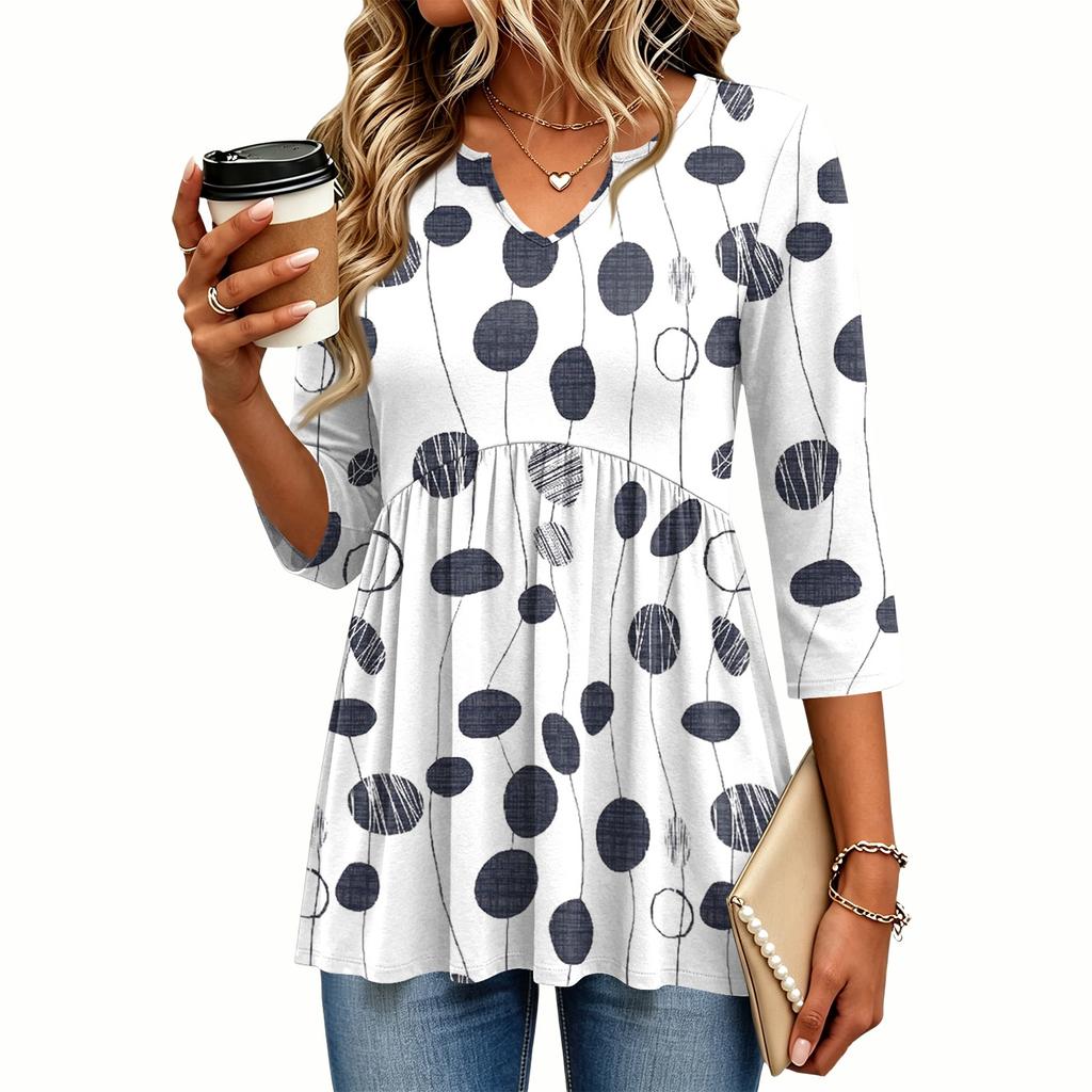 Women's Casual Floral Print V-Neck Three-Quarter Sleeve Blouse