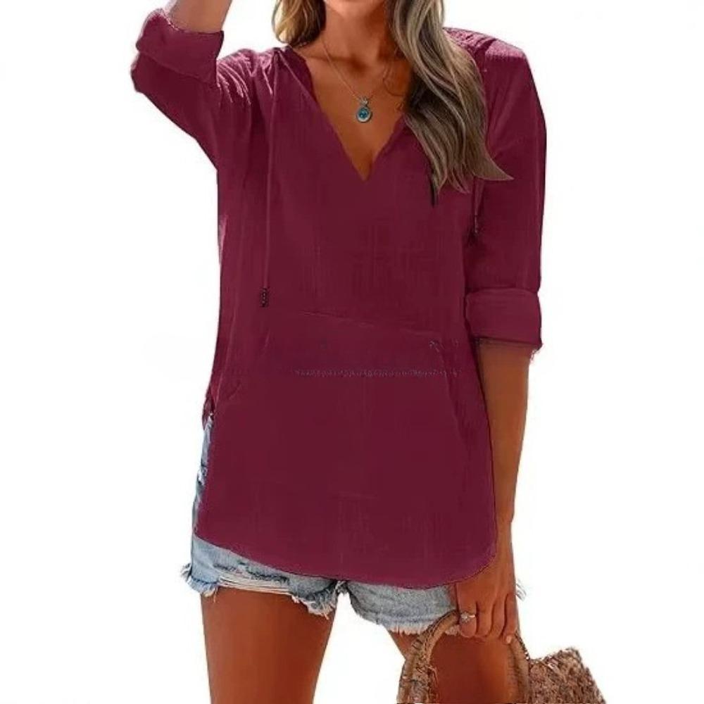 Spring and Summer Beach Cover-Up Hooded Long-Sleeved V-Neck Pockets Hooded Shirt for Women