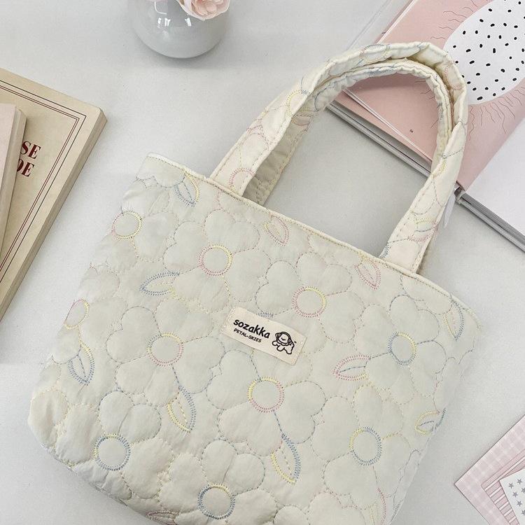 Korean Style Quilted Bow Embroidery Handheld Canvas Handbag for Women 2026 New