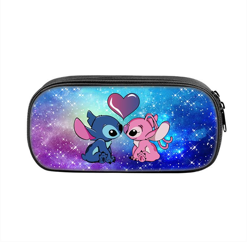 Stitch Pencil Case With Dual Zipper Polyester Storage For Kids And Students