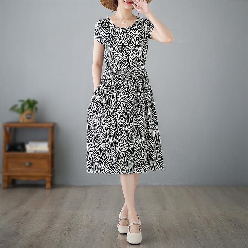 2025 Summer Floral Cotton-Silk A-Line Dress: Women's Short Sleeve, Loose Waist, Slimming Tie Mid-Length