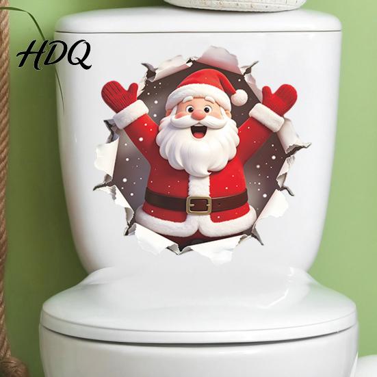 Removable Christmas Toilet Seat Decor 3D Break Wall Santa Claus Lid Sticker, Winter Snow Scene Self Adhesive Room Accents Decal, Self-Adhesive