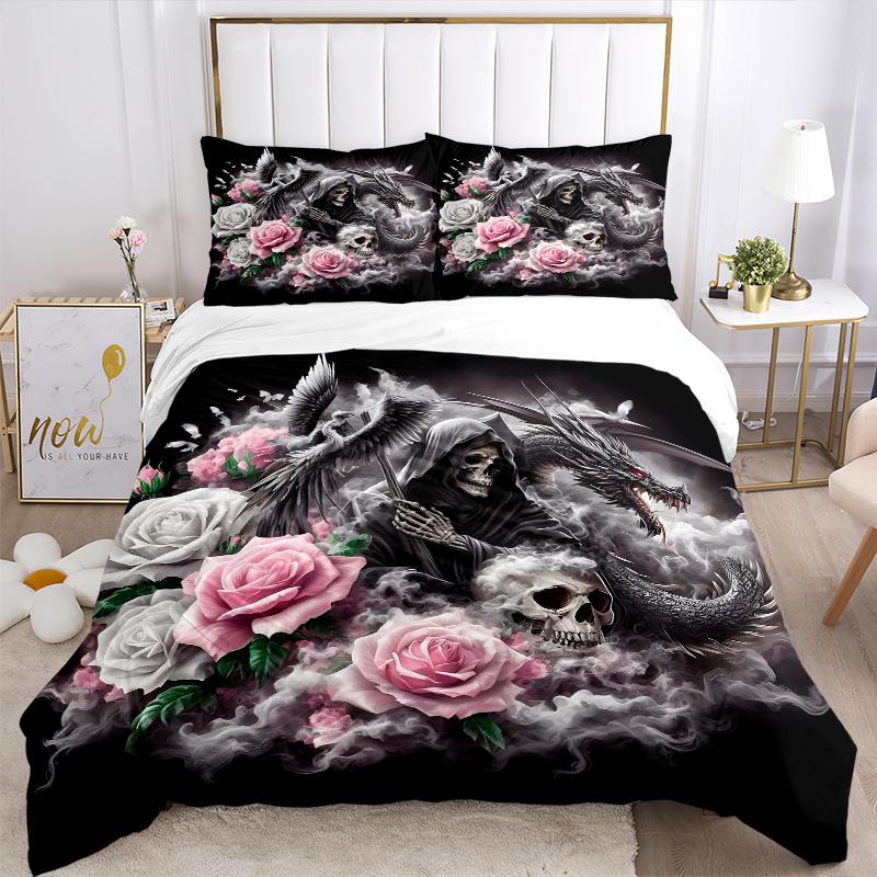 3pcs Death Roses Quilt Cover Set (1 Quilt Cover + 2 Pillowcases Without Pillow Core), High-Definition Printing for Home and Dormitory.W031