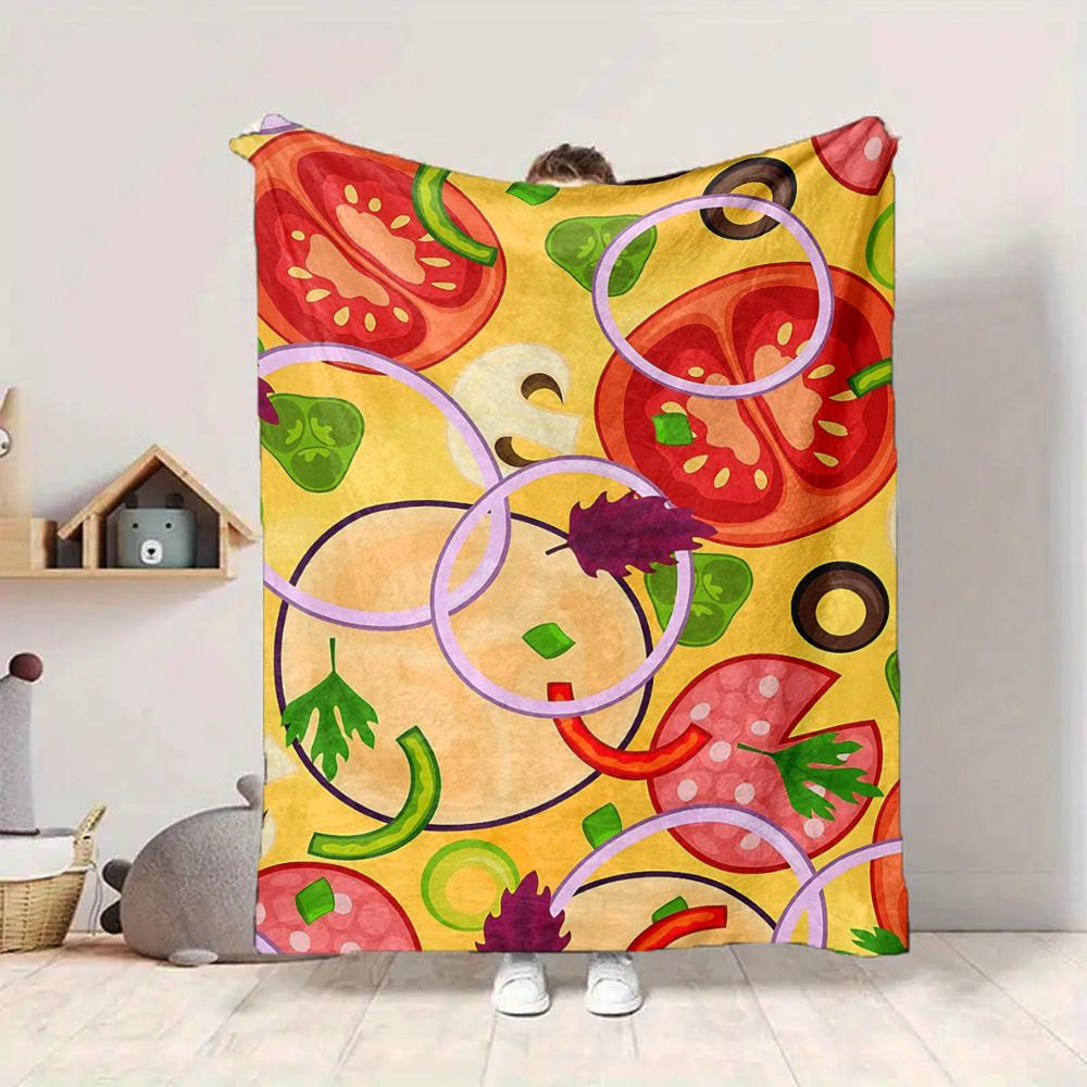1pc Pizza Ingredients Print Blanket   Lightweight Flannel Throw Blanket For Sofa, Bed, Living Room, Office, Outdoor Travel, Camping