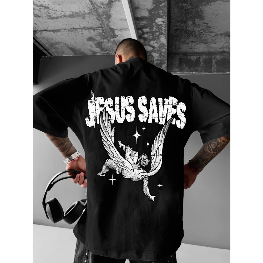 

Men s Fashion Creative Design Sense Jesus Wings Printing Sports Casual Daily Versatile Summer Short Sleeve T-Shirt S