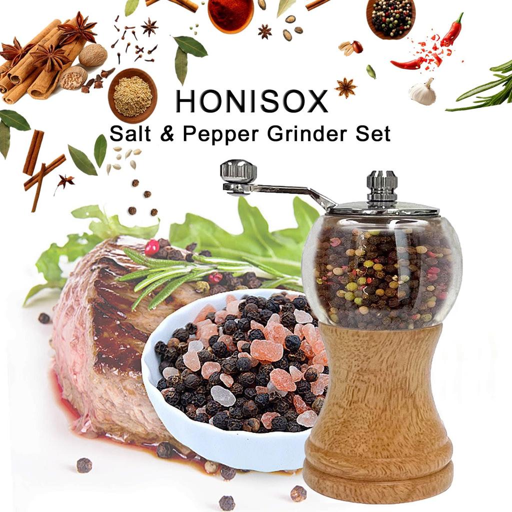 Wood Salt Pepper Salt Grinder Pepper Grinder with Manual Seasoning Grinder Refillable Grinder, & Set, Handle, (5inch-2Pcs)