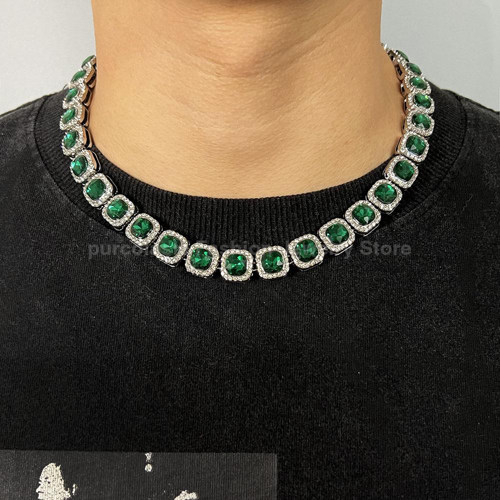 

NEW Luxury Green Glass Necklace for Men Women 12mm Tennis Chain Cuban Link Hip Hop Square Bling AAA Rhinestones Glass 8inch 20cm