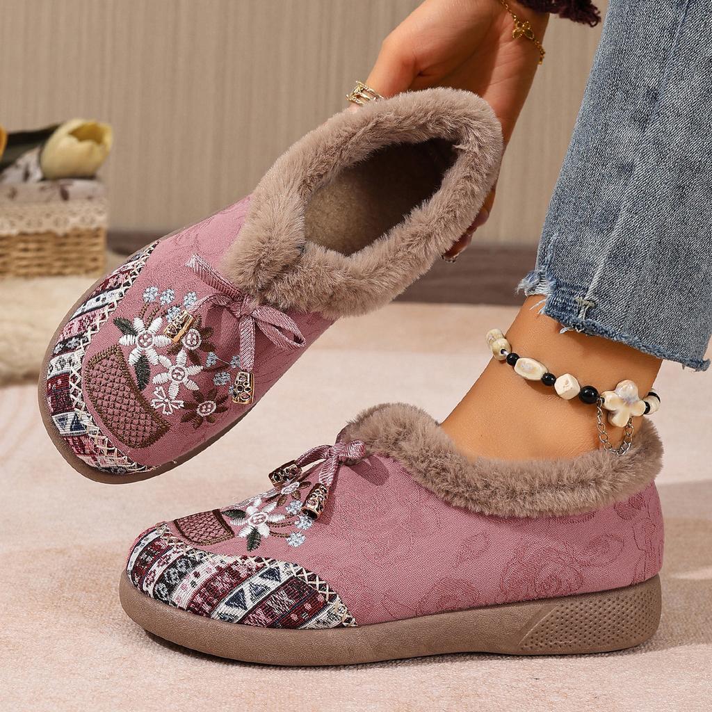 Women's Embroidered Fashion Lightweight Height-enhancing Soft Sole Winter Warm Fur One Snow Boots Velvet Lined Non-slip Casual Sports Cotton Boots