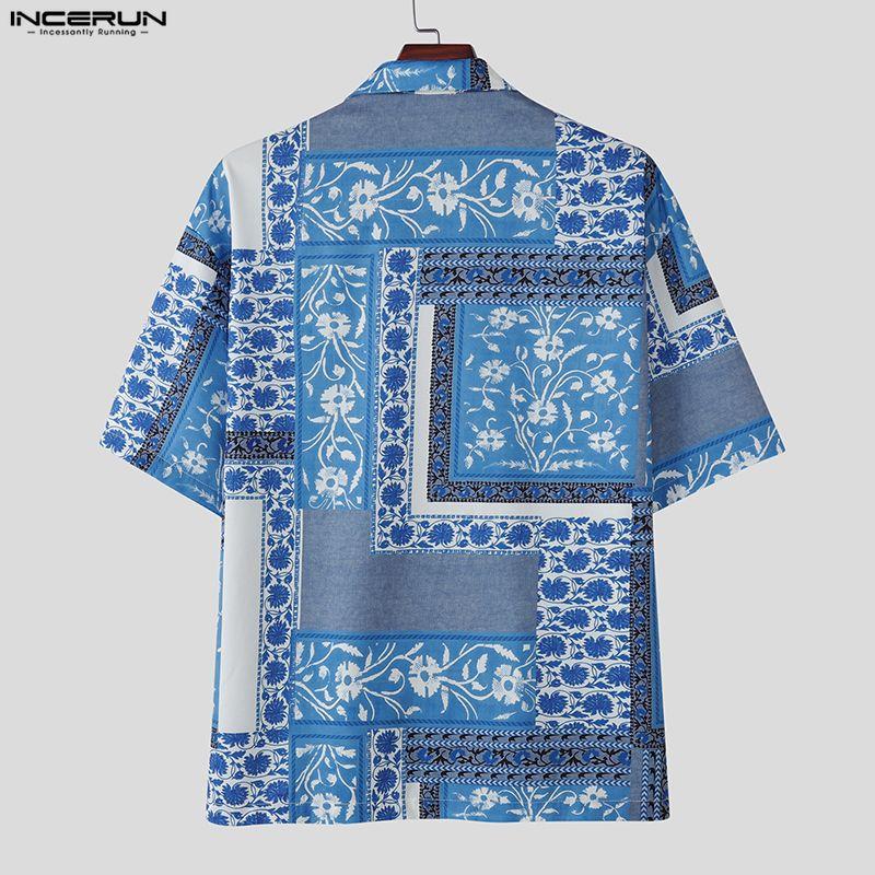 INCERUN Summer Men Lapel Neck Short Sleeve Print Beach Casual Holiday Hawaiian Shirts