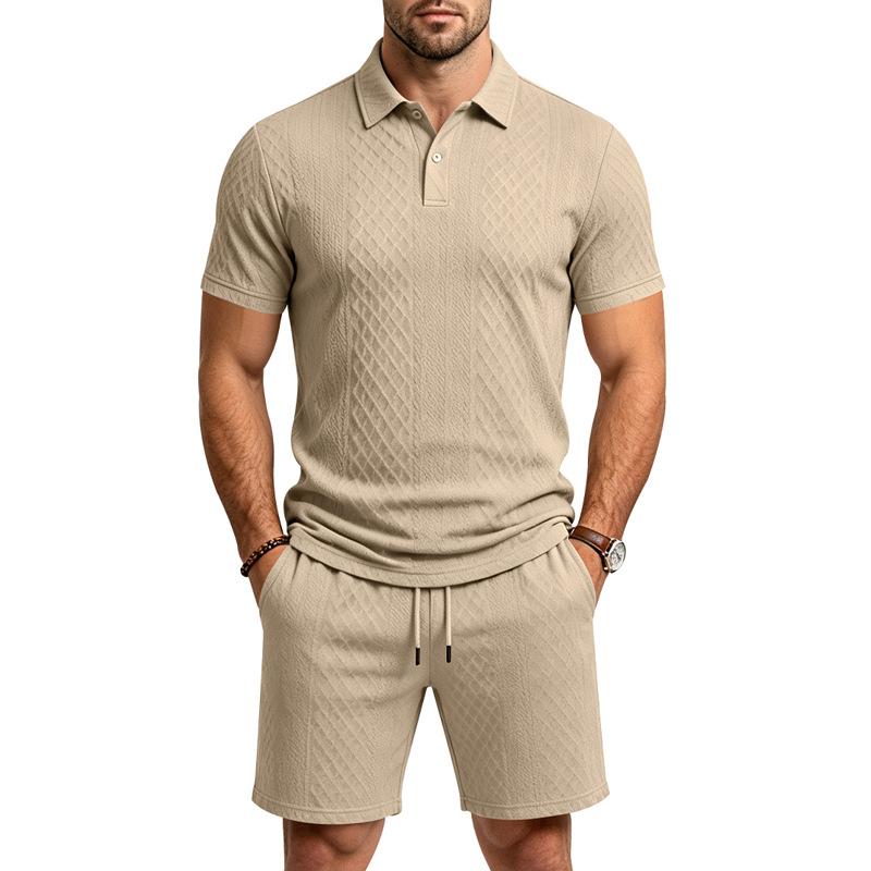 Men's Summer Jacquard Polo Shirt and Shorts Set Casual Loose Fit Lapel Collar 2-Piece Outfit