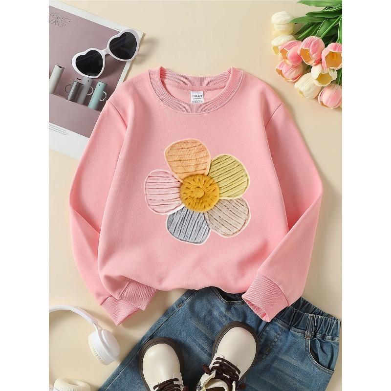 Girls' Crewneck Sweatshirt - Colorful Yarn Flower Applique Pattern Machine Washable, Spring And Autumn, Sportswear And Casual Wear, Soft