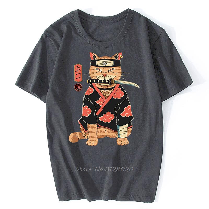 Anime Samurai Cat T Shirt Men Japanese Ukiyo-E Ninja Cat Print T-Shirt Men Cotton Tshirt Fashion Streetwear Harajuku Tees