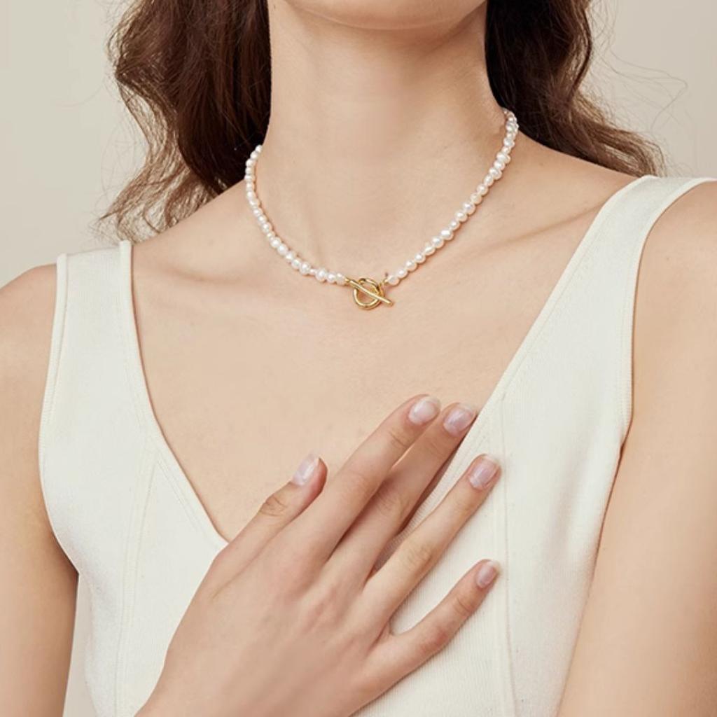 Wholesale Baroque Freshwater Pearl Necklace OT Buckle Basic Delicate Necklace French