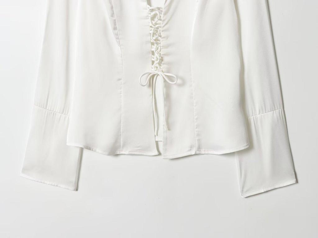 Autumn Women's Slimming Satin Tie-Up Flare Shirt