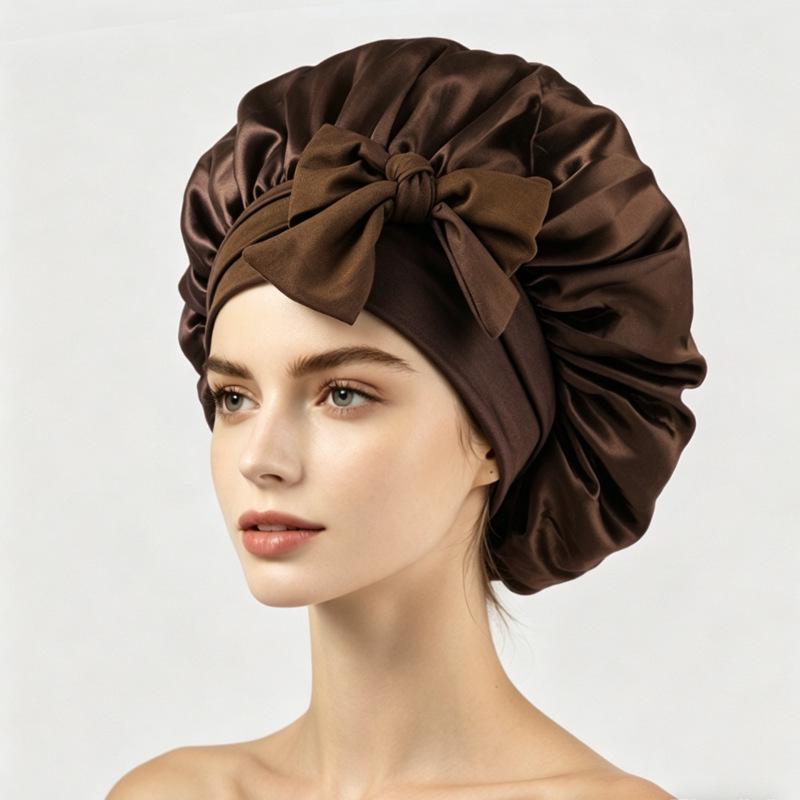 Silky Satin Sleep Cap with Tie-Up Ribbon for Women - Hair Care Hat