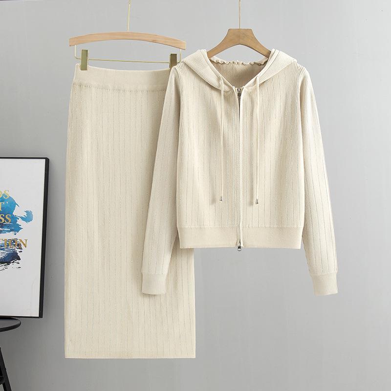 Elegant Korean Rhinestone Knit Cardigan & Skirt Set - Women's Spring/Autumn Two-Piece