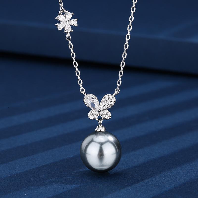Autumn And Winter Jewelry Copper Bottom Gold-Plated Pearl Butterfly Necklace Premium Women'S Pendant 14Mm