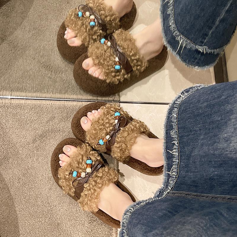 Thick-bottomed Imitation Lamb Wool Slippers Women's Outer Wear Velvet Warm Non-slip Internet Celebrity Autumn and Winter Fluffy Cotton Slippers