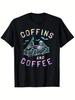 Funny Coffins And Coffee Gothic Retro T-Shirt for Adults Tie Dye Black with Neon Green & Pink Coffin & Coffee Cup Skeleton Print Double Needle Stitche