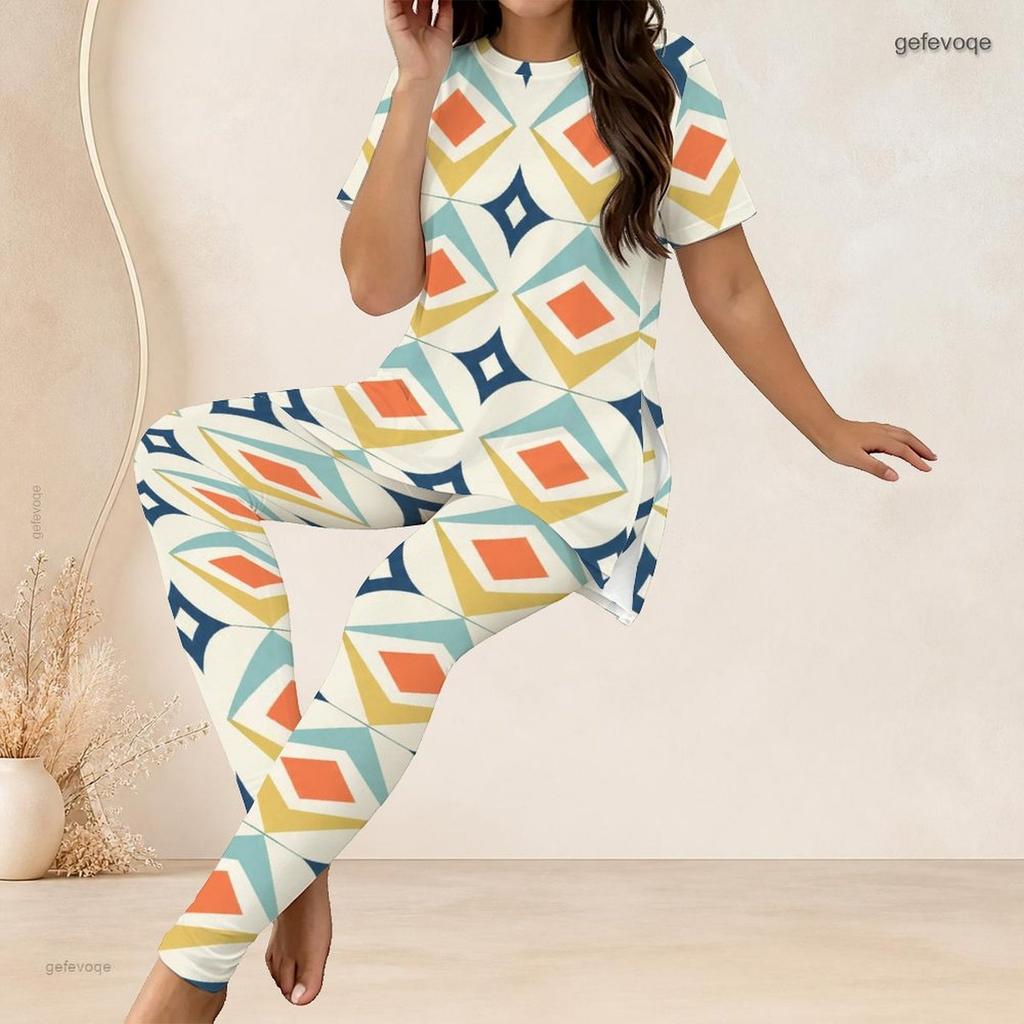 Women Plus Size Off White Printed Round Neck Short Sleeve Longline Top Fitted Pants Two Piece Set