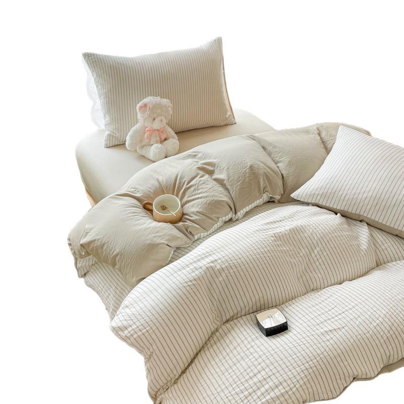 Skin-Friendly Washed Cotton Dorm Three-Piece Set: Stripe Duvet Cover & Pillowcase, Single/Double Size, Class A Quality