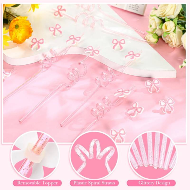 Reusable Pink Butterfly Bow Drinking Straw With Spiral Design For Kids And Party Use
