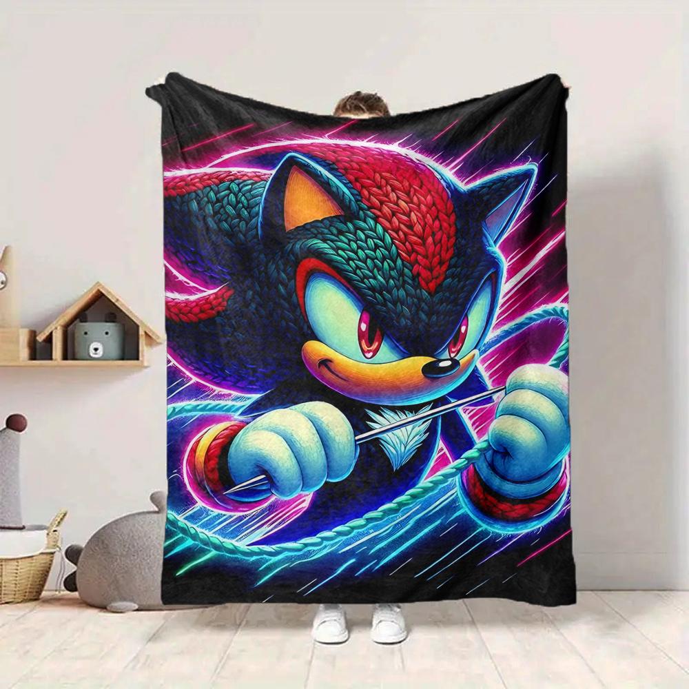 1Pc Sonic Hedgehog Artwork Flannel Blanket, Soft And Comfortable, Casual Warm, Camping Travel, Christmas, Halloween Xmas Gift N1479