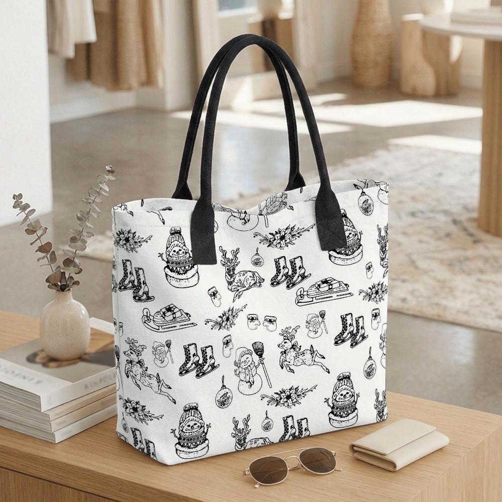 Christmas Print Tote Bag Casual Large Capacity Canvas Shoulder Bag for Daily Use