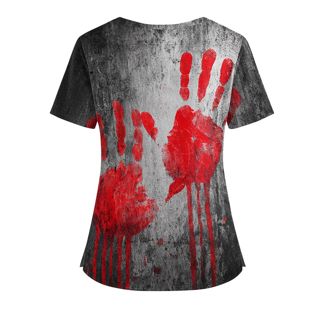 Halloween Print V Neck Short Sleeve Nurse Top with Double Pockets Split Hem Medical Scrub Shirt for Healthcare Workers and Caregivers
