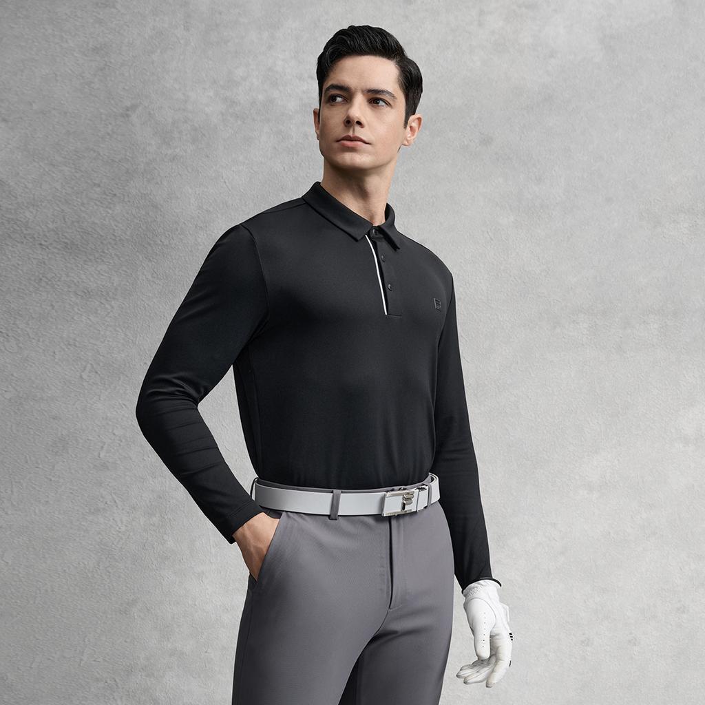 FILA Golf Series Simple Texture Casual Sports Comfortable Knitted Long Sleeve Polo Shirt Men tops Deep-Black A11M615210FBK