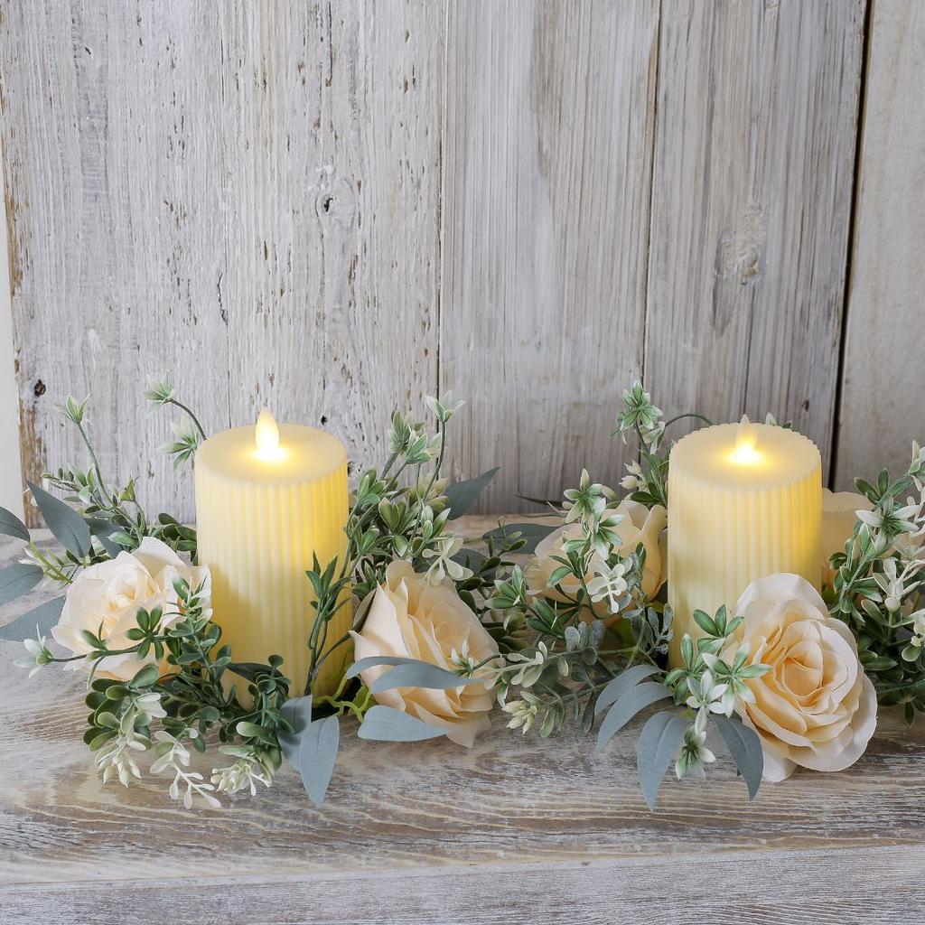Artificial Rose Candle Ring Pillar Candles Greenery Flower Wreath Seasonal Candle Ring For Wedding Centerpiece Holiday Decor
