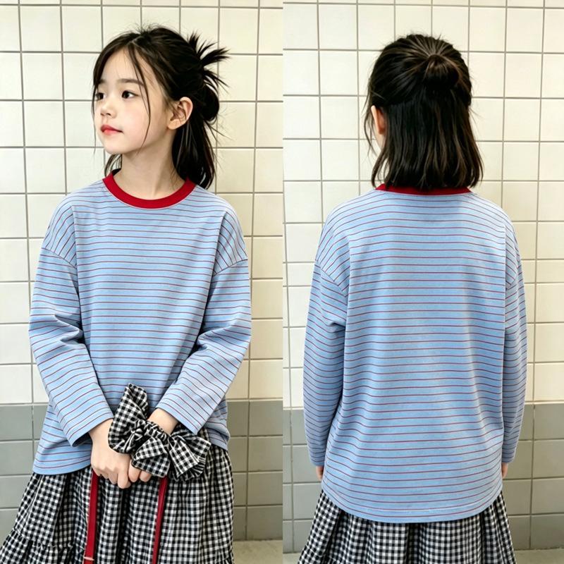 Girls' Fashion Striped Long-Sleeve T-shirt - 2026 Spring/Autumn Korean Style Casual Top