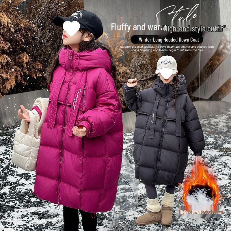 2025 Girls' Winter Fashion: Mid-Length White Duck Down Jacket, Thickened for Big Girls