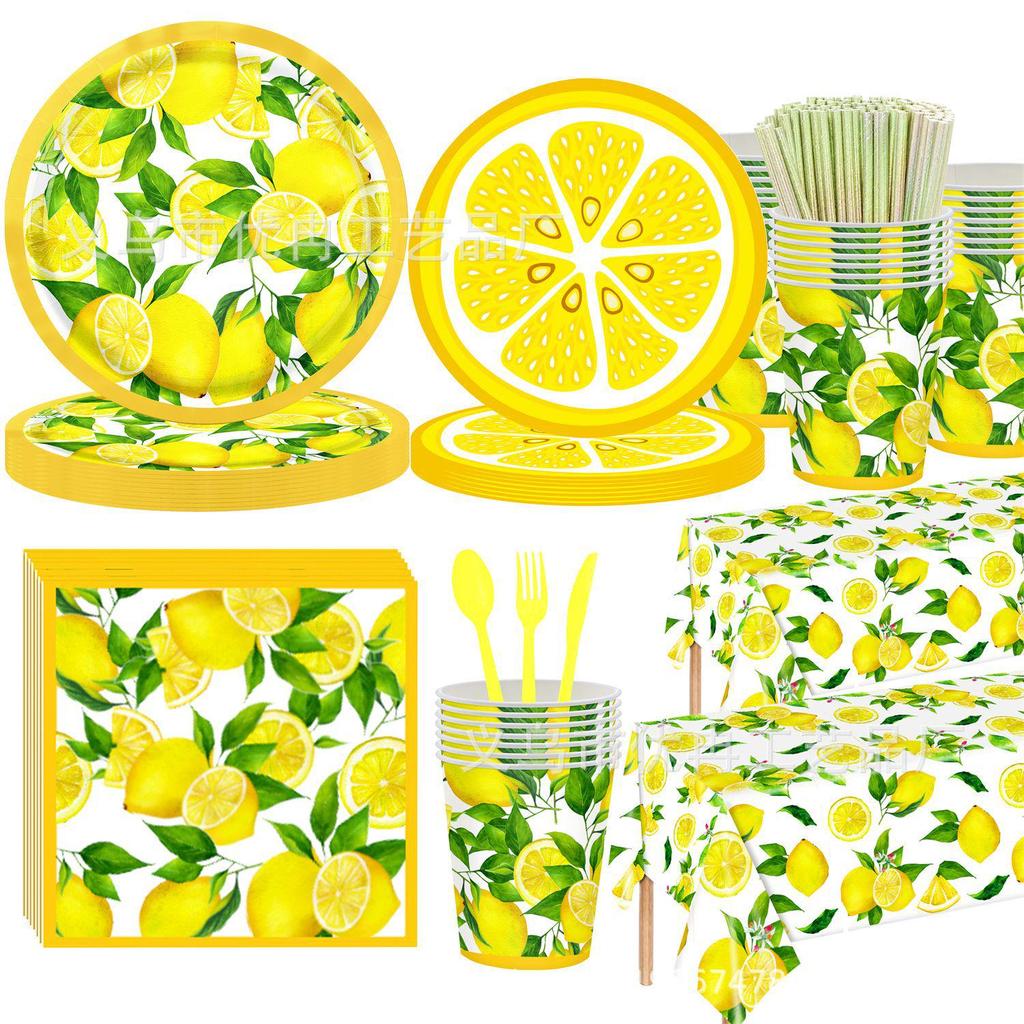 Yellow Lemon Themed Disposable Party Set: Plates, Tablecloth & Napkins