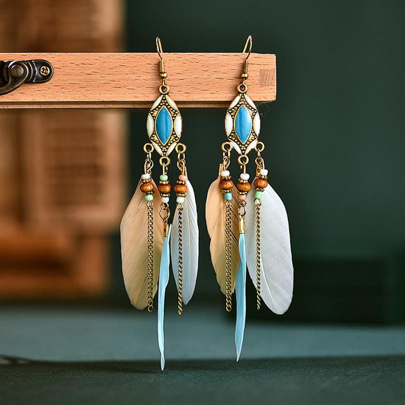 Bohemian Tassel Feather Earrings - Retro Beaded Yunnan Ethnic Style Jewelry