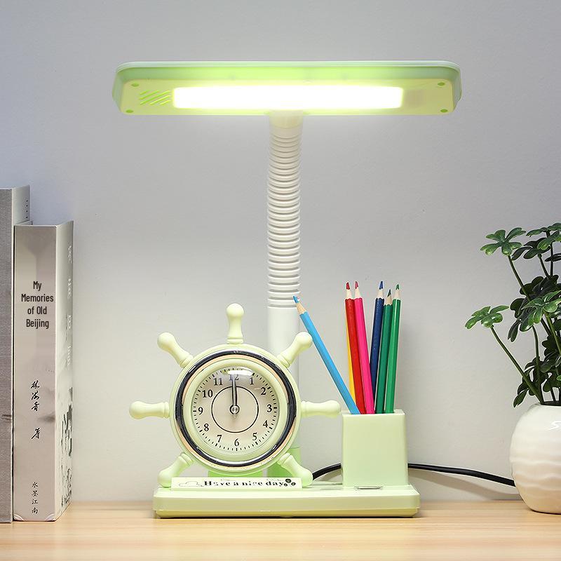 Children's Study Desk Lamp with Eye Protection, Clock, Pen Holder, and Large Light Source
