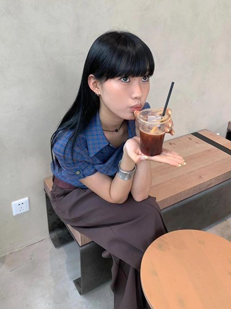 Estetică, vintage, retro, cămăși în carouri, pentru femei, Y2k, vară, cu un singur piept, pentru birou, bluze pentru femei, coreeane, casual, subțiri, topuri