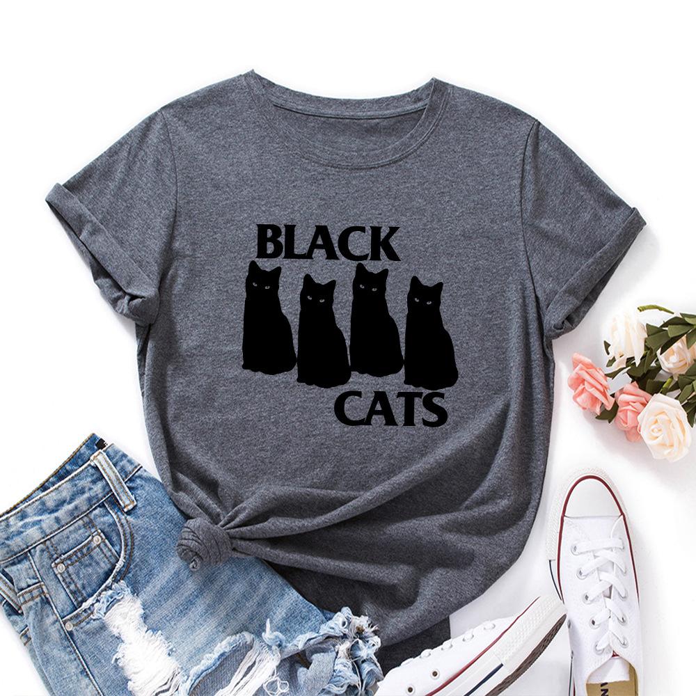 Summer Round Neck Black Cat Pattern Printed Top Fashionable Casual Pure Cotton Short Sleeved Women's T-shirts