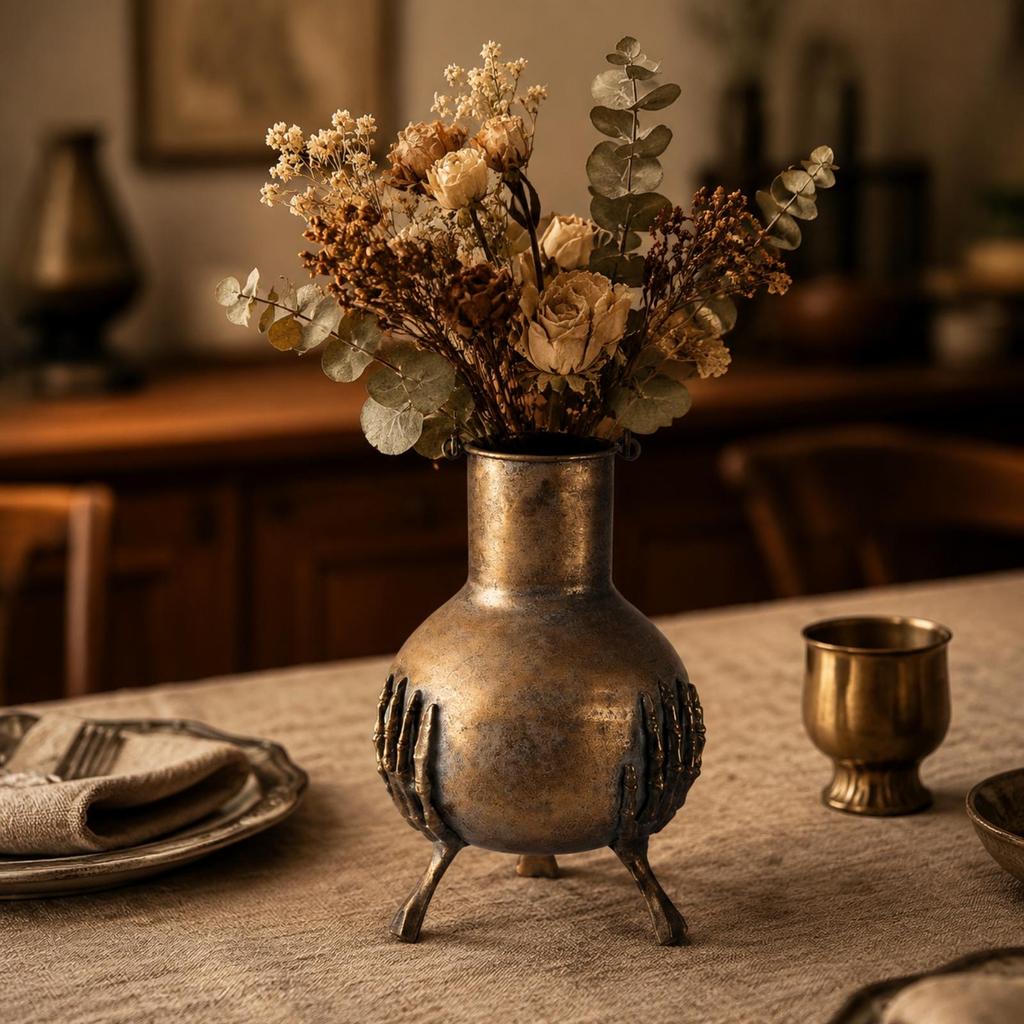 EuropeanStyle Decorative Metal Vase Vintage with Raised Ornamental Detailing Distressed for