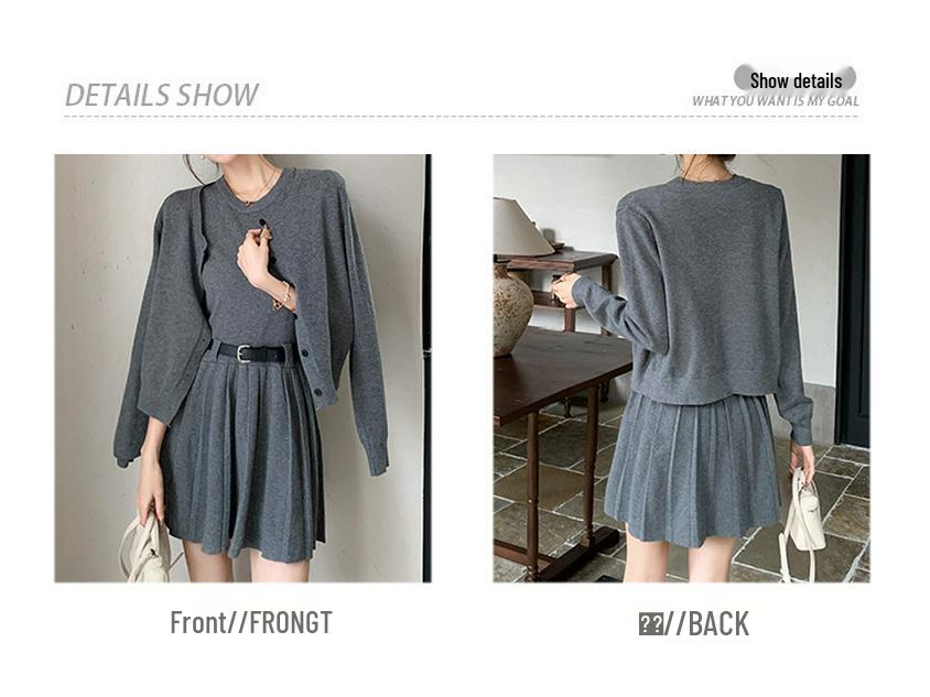 Dámský pletený kardigan a šaty set: Měkký Všestranný Podzimní/Zimní Dvoudílný Set s Svetrovým Kabátem s Kulatým Výstřihem a Plisovanými Špagetovými Šaty-Vestou