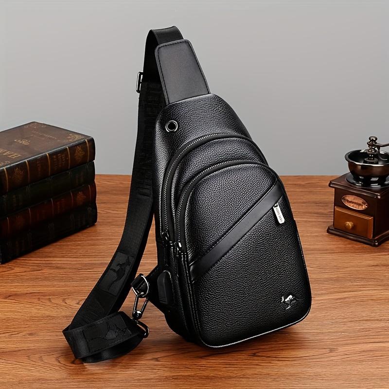 Men's Synthetic Leather Crossbody Bag Adjustable Strap Multiple Compartment Casual Male Style Black Chest Bag for Men Daily Use