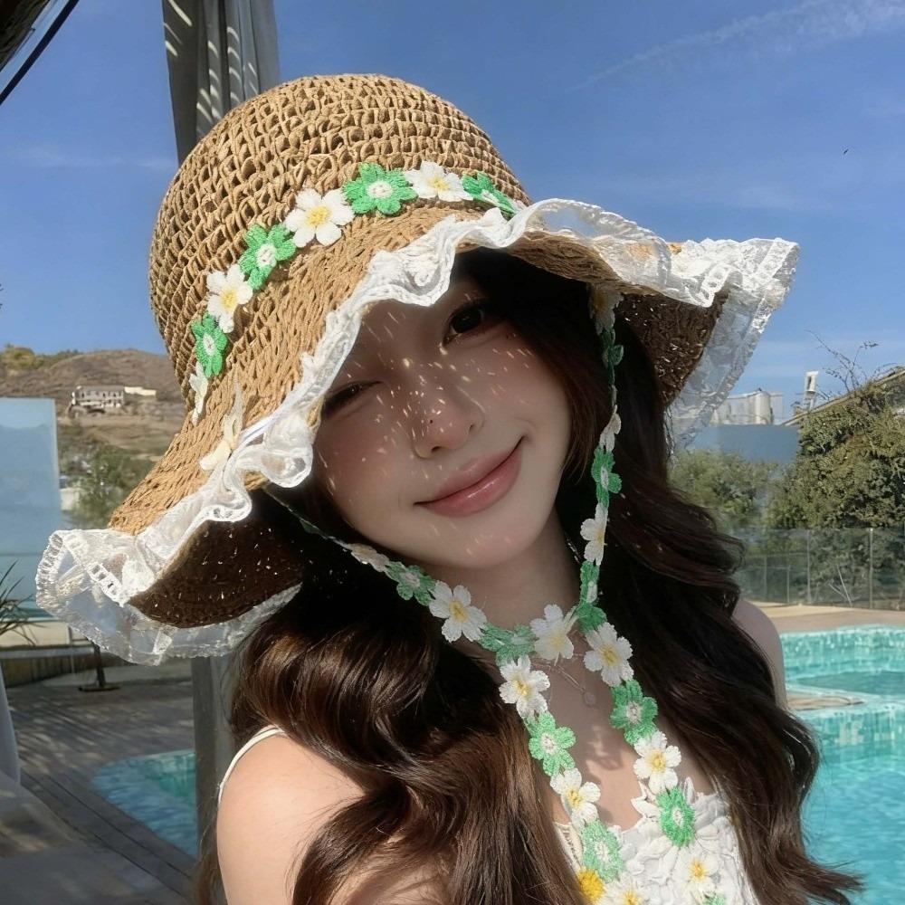 Breathable Flower Straw Hat Lace Trim Beach Hat Women Visor Bucket Hat  Seaside Vacation