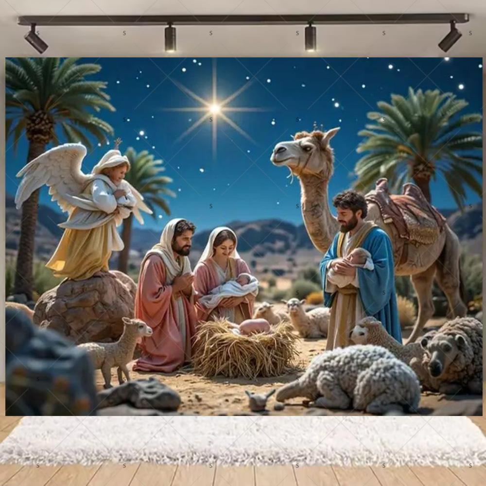 Nativity Scene Background Banner Starry Night Traditional Christmas Religious Jesus Backdrop Supplies Christmas Party Decoration