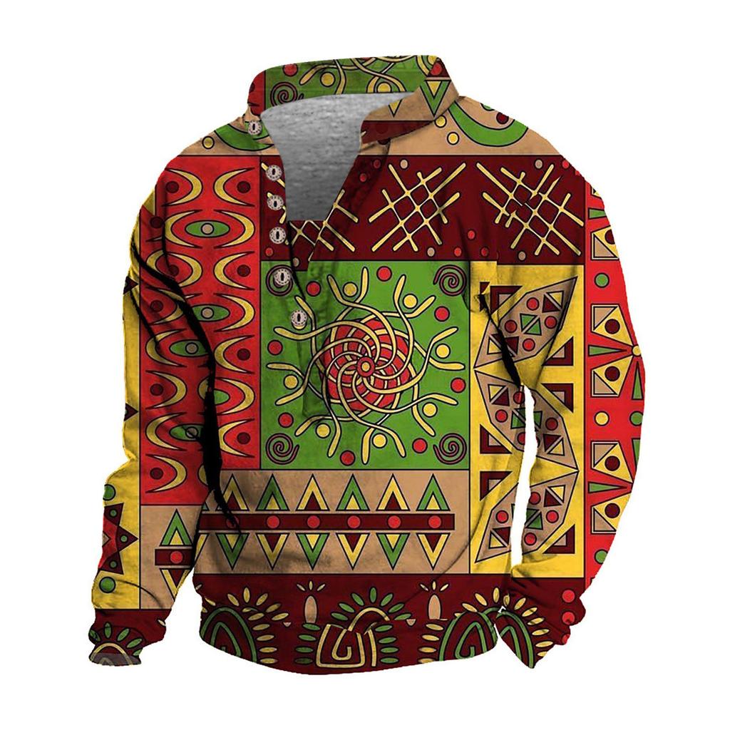 Pullover mit V-Ausschnitt für Herren, 3D-Digitaldruck, Stehkragen, 6 Knöpfe, Vintage-Kragen