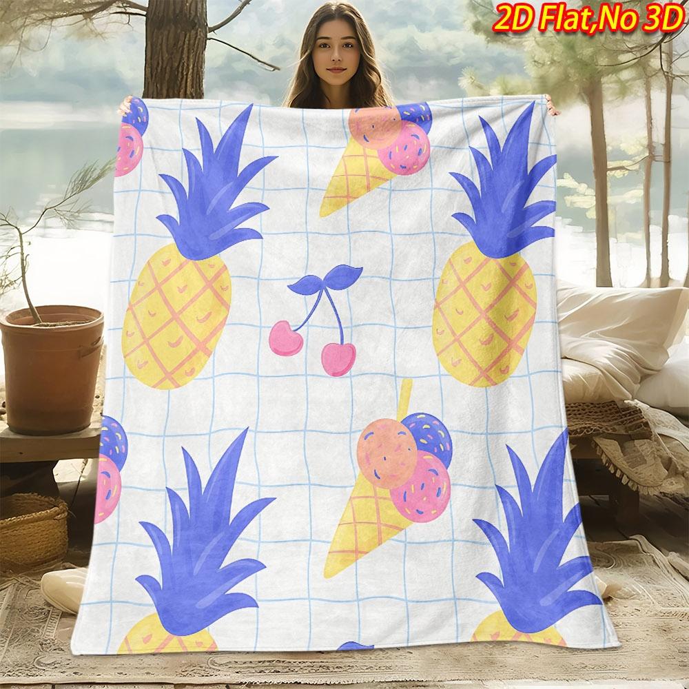 1pc Pineapple Ice Cream Cherry Print Blanket - Soft Flannel Suitable for All Seasons, Cozy Throw Bedspread with Fruit, Machine Washable Polyester Bedd